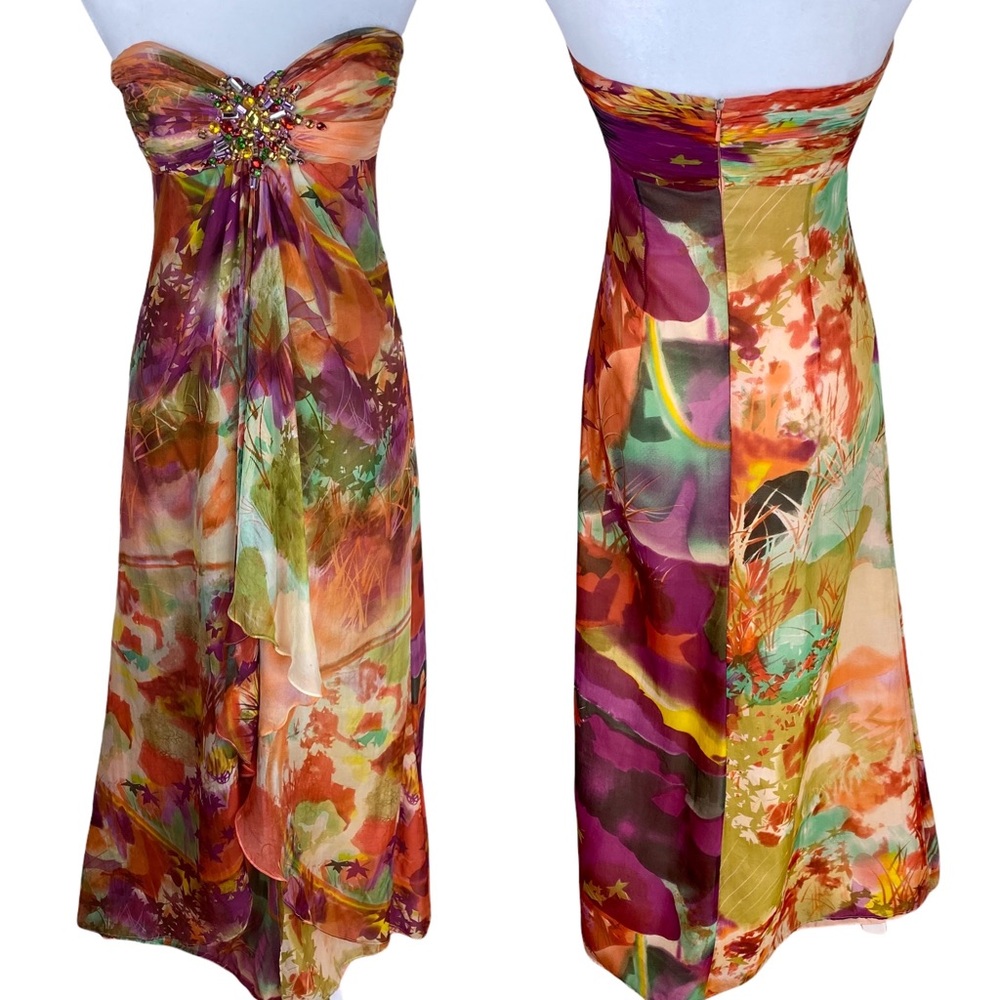 JOVANI Floral Long Beaded Silk Strapless Party Prom Cocktail Formal Dress 2